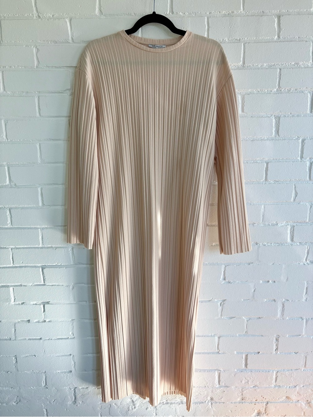 Zara Trafaluc Cream Ribbed Long Sleeve Midi Dress Size S